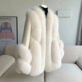 Luxury Women's Fox Fur Leather Coat - Heyfancystyle - Ivory - Side